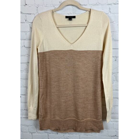 ANN TAYLOR merino wool blend beige ivory V-neck sweater pullover size S - Picture 1 of 6